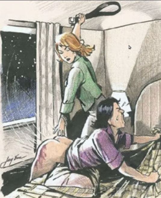 BDSM & Spanking Zeichnung: Junges Mädchen wird auf der Bettkante der nackte Po, mit einem Gürtel, durch gedroschen